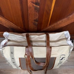 Myra Bags Upcycled Canvas Weekender Bag - Made From Recycled Tarps/Tents, Leather Accents, Unique Travel & Everyday Tote
